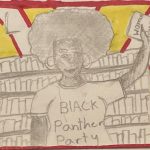 Child's artwork depicting Angela Davis standing in front of a bookshelf, wearing a Black Panther Party t-shirt, holding up the book "Women, Race, and Class"