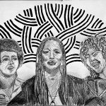 Teen artwork depicting three Black Panther Party artists (Elaine Brown, Joan Tarika Lewis, and Ericka Huggins) in front of the City of Oakland oak tree symbol outline