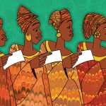 Artwork depicting four African women wearing golden earring and headwraps holding a piece of paper while looking forward