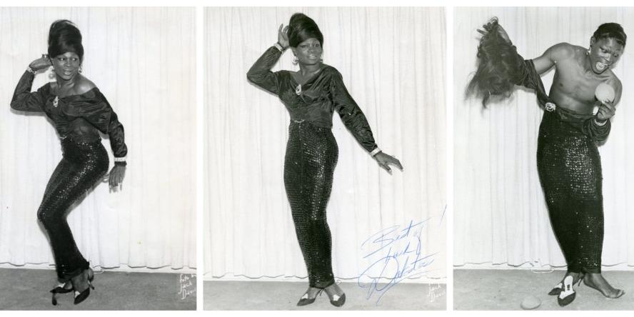 Three images of drag queen The Fabulous Dokota posing