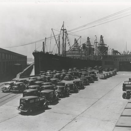 New cars being loaded at Howard Terminal in Oakland, California, for shipment to Seattle.