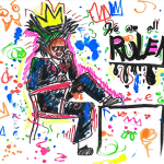 Colorful artwork of person resembling Basquiat, sitting on a chair with leg propped up, in a black suit.